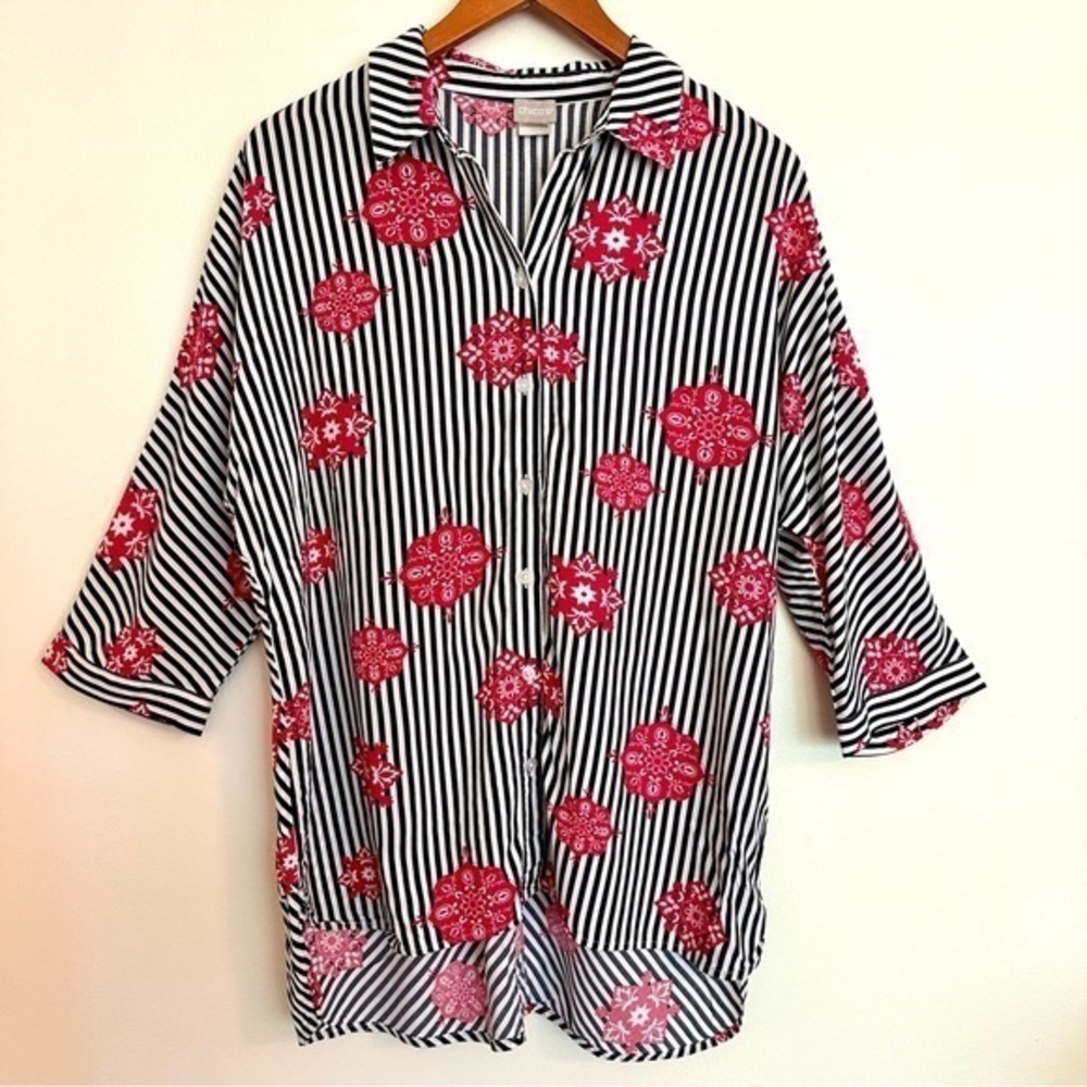 Chico’s Black and White Striped Button Up Tunic Size 2 or Large
